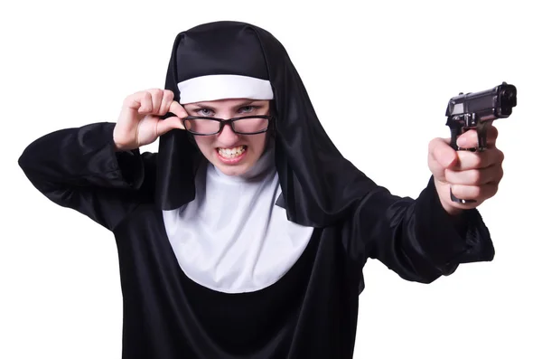 Nun with handgun isolated on white — Stock Photo, Image