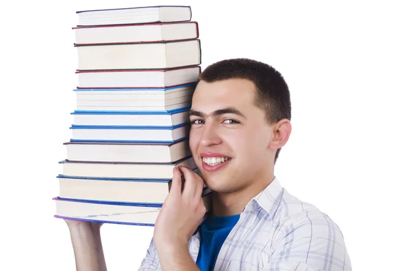 Studente met veel boeken over wit — Stockfoto