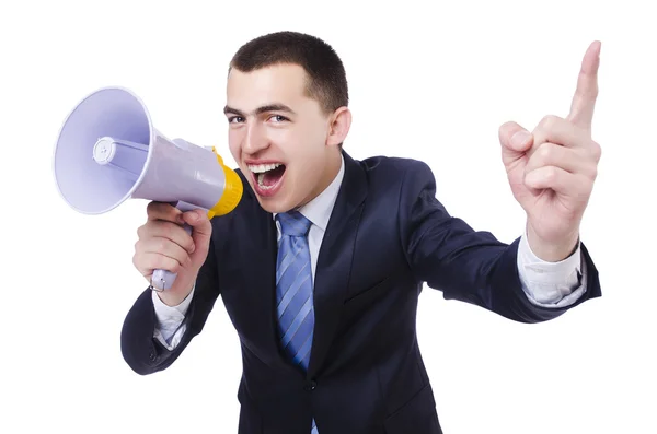 Man with loudspeaker isolated on white — Stock Photo, Image