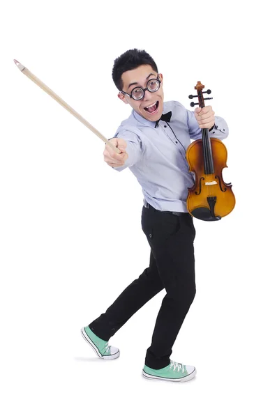 Uomo divertente con violino su bianco — Foto Stock