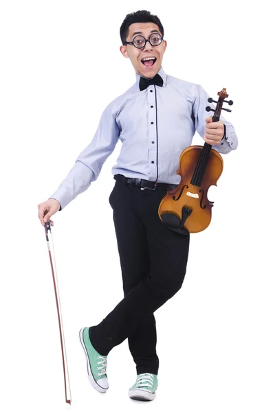 Hombre divertido con violín en blanco —  Fotos de Stock