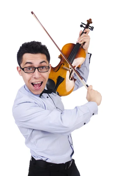 Uomo divertente con violino su bianco — Foto Stock