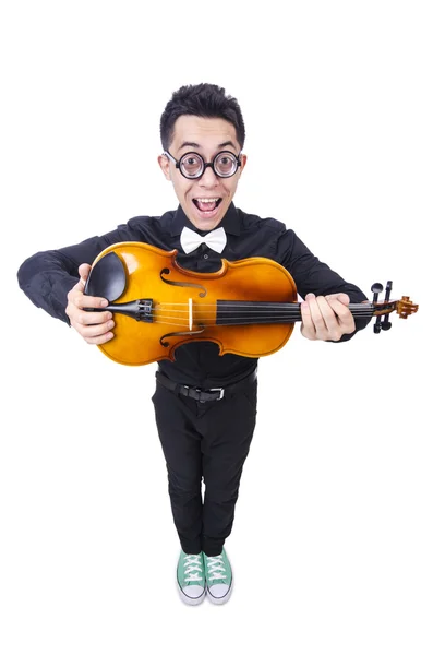 Vtipný muž s houslemi na bílém — Stock fotografie