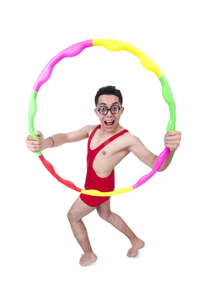 Divertente sportivo con hula hoop su bianco — Foto Stock