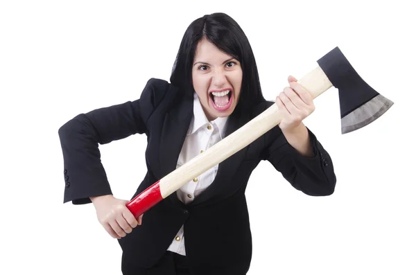 Angry businesswoman with axe on white — Stock Photo, Image