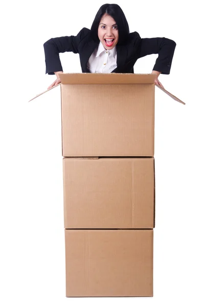 Woman with lots of boxes on white — Stock Photo, Image