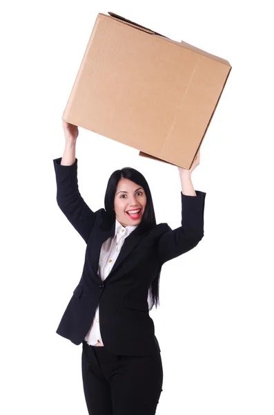 Woman with lots of boxes on white — Stock Photo, Image