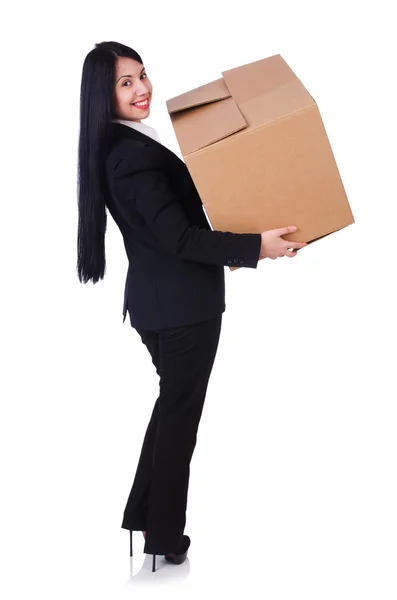 Woman with lots of boxes on white — Stock Photo, Image