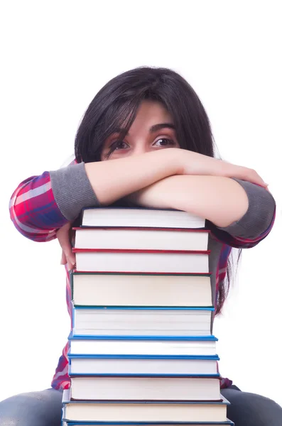 Girl student with books on white — Stock Photo, Image