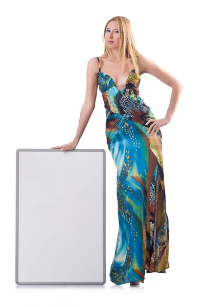 Tall model with blank board on white — Stock Photo, Image