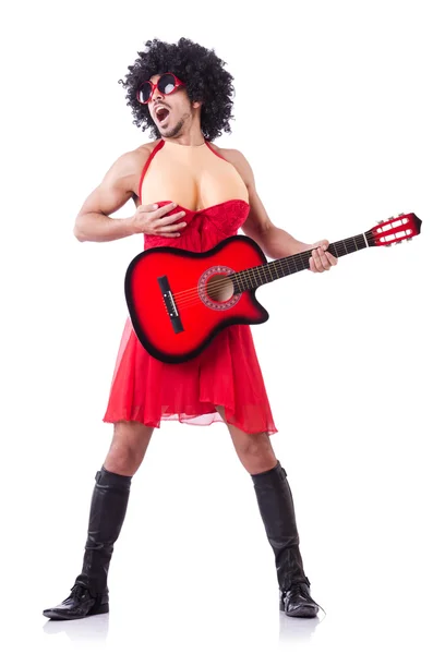 Man in woman clothing with guitar — Stock Photo, Image