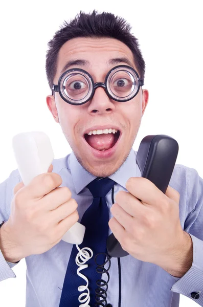 Verrückter Mann mit Telefon auf Weiß — Stockfoto