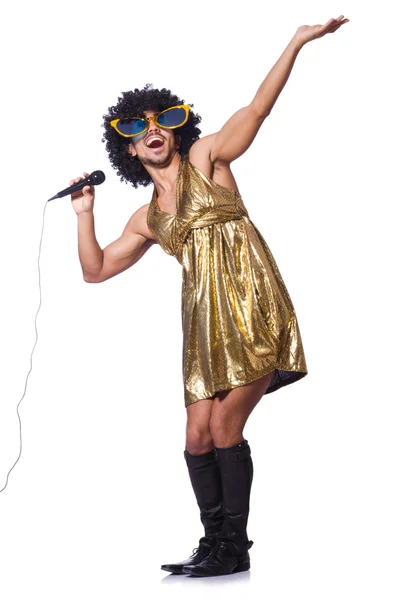 Man in female clothing singing with mic — Stock Photo, Image