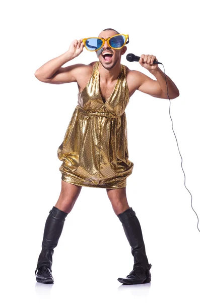 Man in female clothing singing with mic — Stock Photo, Image