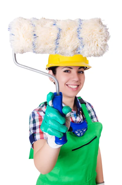 Woman painter with paintbrush on white — Stock Photo, Image