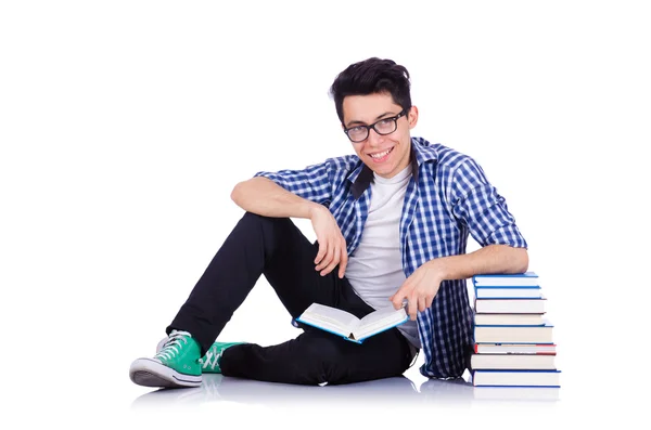 Diák sok könyvet fehér — Stock Fotó