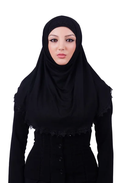 Muslimische junge Frau trägt Hijab auf weißem Grund — Stockfoto