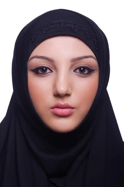 Muselman ung kvinna bär hijab på vit — Stockfoto