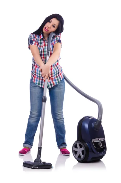 Jeune femme avec aspirateur sur blanc — Photo