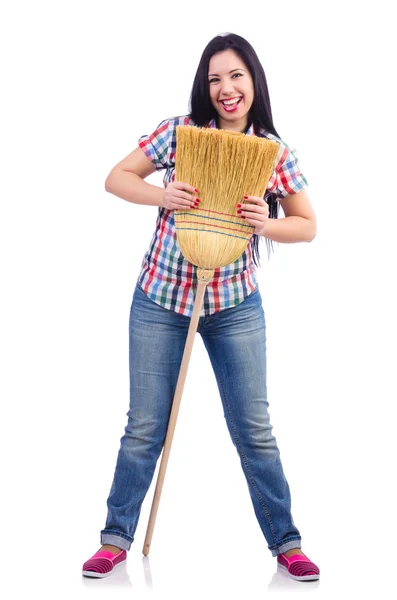 Young woman with broom isolated on white — Stock Photo, Image