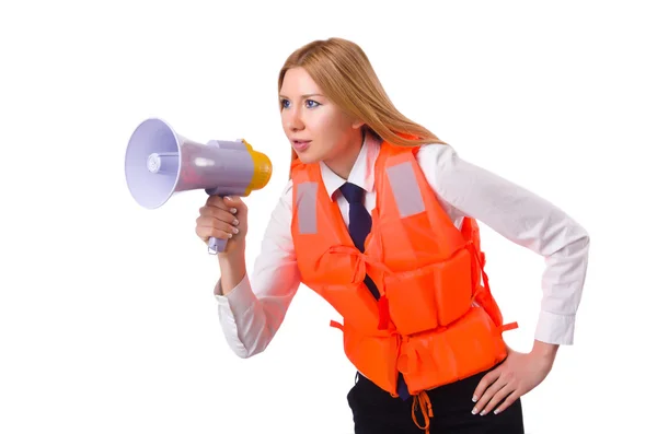 Young woman with vest and loudspeaker on white — Stock Photo, Image