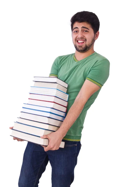 Studente met veel boeken over wit — Stockfoto