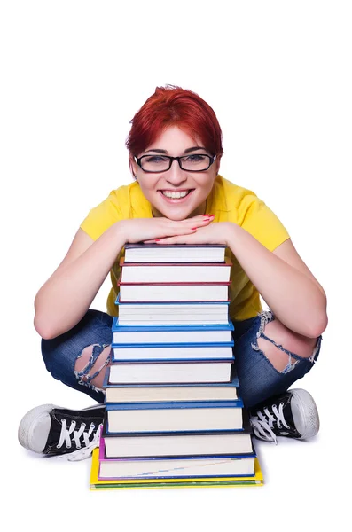 Girl student with books on white — Stock Photo, Image