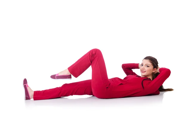 Young woman doing exercises on white — Stock Photo, Image