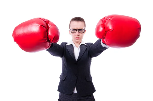 Donna con guantoni da boxe su bianco — Foto Stock