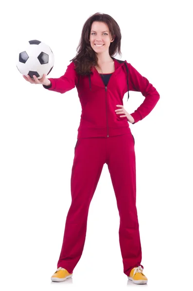 Junge Frau mit Fußball in Weiß — Stockfoto