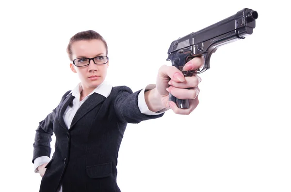 Woman with gun isolated on white — Stock Photo, Image