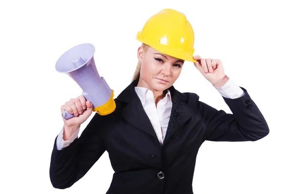 Trabalhadora da construção feminina com altifalante — Fotografia de Stock