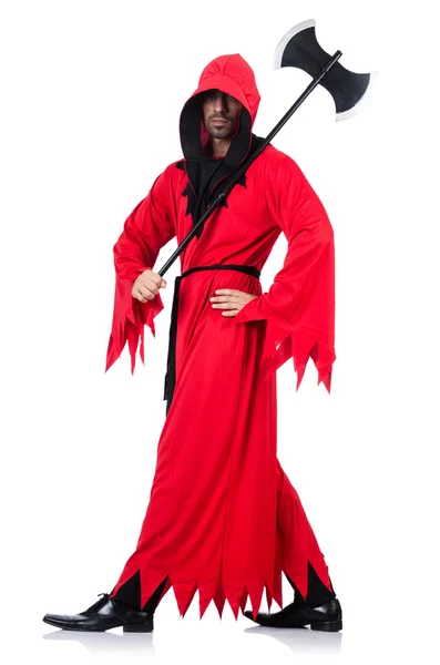 Executioner in red costume with axe on white — Stock Photo, Image