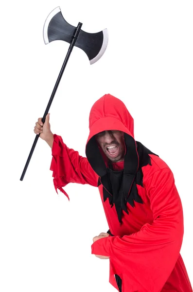 Executioner in red costume with axe on white — Stock Photo, Image