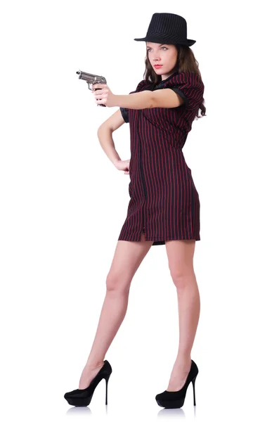 Женщина-гангстер с пистолетом на белом — стоковое фото