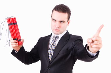 Dinamiti olan bir iş adamı beyazda izole edilmiş.