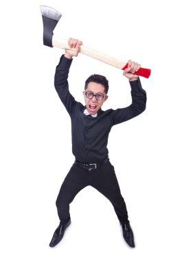 beyaz üzerine balta ile komik adam