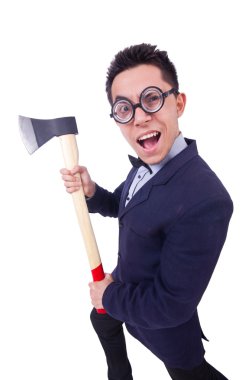 beyaz üzerine balta ile komik adam