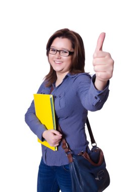 Beyaz kitapları olan kız öğrenci.