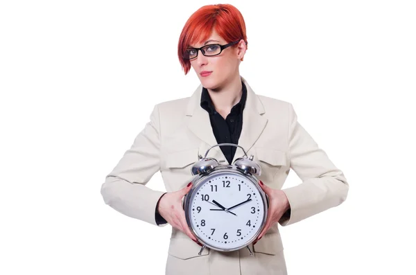 Woman with clock isolated on white — Stock Photo, Image