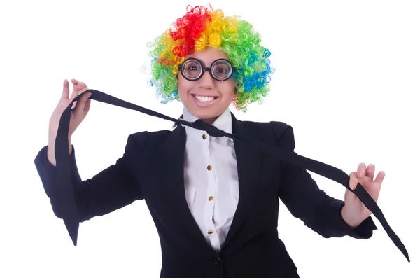 Mujer joven con pelota haciendo ejercicio sobre blanco — Foto de Stock