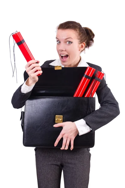 Businesswoman with dynamite on white — Stock Photo, Image