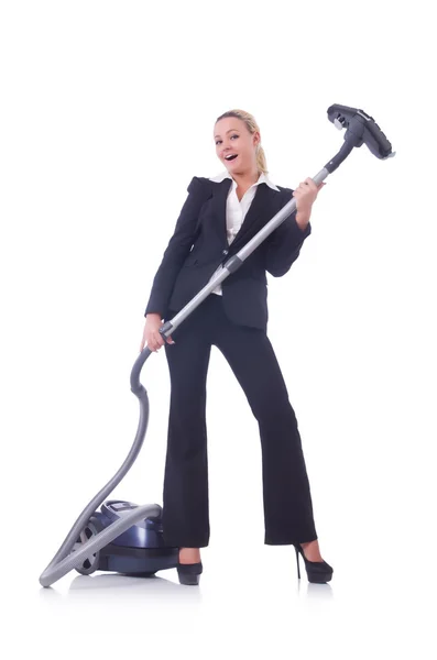 Businesswoman with vacuum cleaner on white — Stock Photo, Image