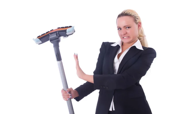 Businesswoman with vacuum cleaner on white — Stock Photo, Image