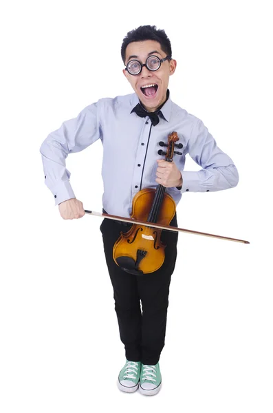 Grappige man met viool op wit — Stockfoto