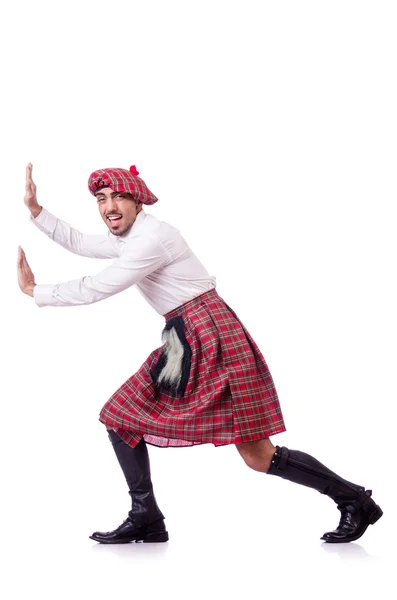 Scottish man pushing virtual obstacle — Stock Photo, Image