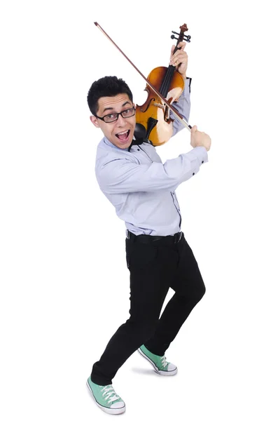 Homme drôle avec violon sur blanc — Photo