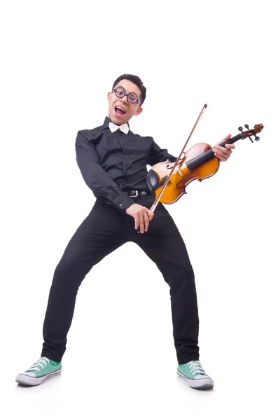 Vtipný houslista na bílém — Stock fotografie