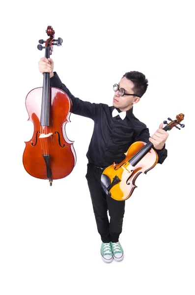 Zabawny człowiek ze skrzypcami na białym — Zdjęcie stockowe
