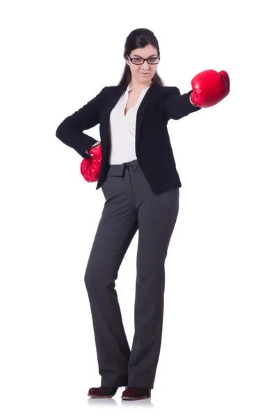 Businesswoman in boxing concept on white — Stock Photo, Image